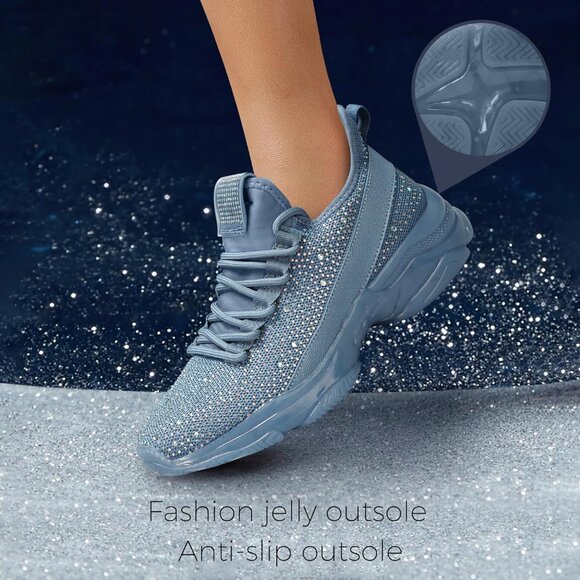 Women's Blue Rhinestone Mesh Slip On Walking Breathable Glitter Sneaker Shoes - Picture 2 of 9